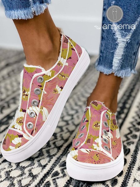 

Anniemia Floral Printing Fringe Casual Canvas Shoes, Dusty pink, Sneakers
