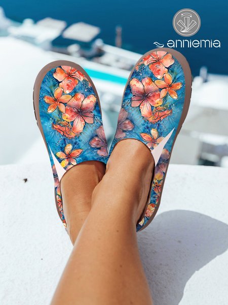 

Casual Blue Floral Printed Comfy Slip On Shoes, Flats