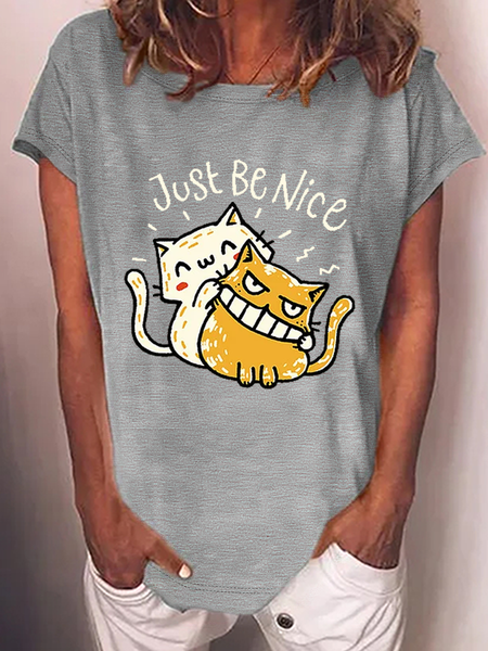 

Women's Funny Cat Casual Text Letters Cotton-Blend T-Shirt, Gray, T-shirts