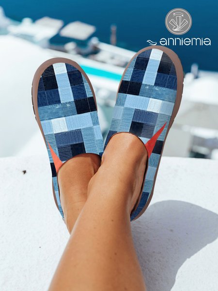 

Women's Blue Color Block Plaid Comfy Slip On Shoes, Flats