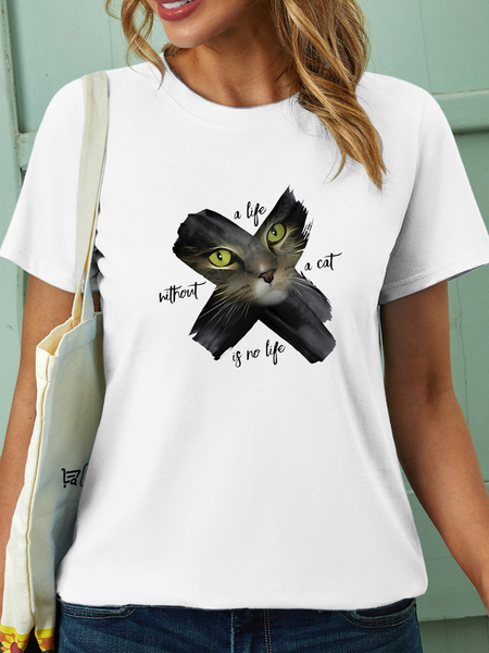 

Women’s A Life Without A Cat Is No Life Cotton Casual T-Shirt, White, T-shirts