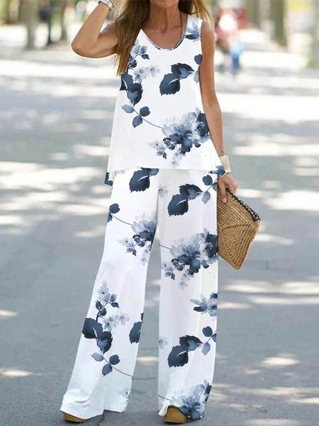 

Crew Neck Casual Two-Piece Set, White-blue, Suit Set