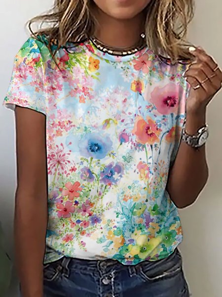 

Women's Floral Casual Crew Neck T-Shirt, As picture, T-shirts