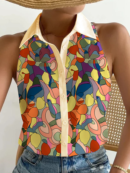 

Urban Loose Shirt Collar Sleeveless Abstract Blouse, As picture, Blouses and Shirts