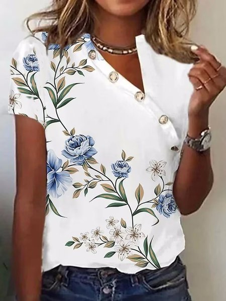 

Casual Floral Asymmetrical Loose T-Shirt, White, T-Shirts