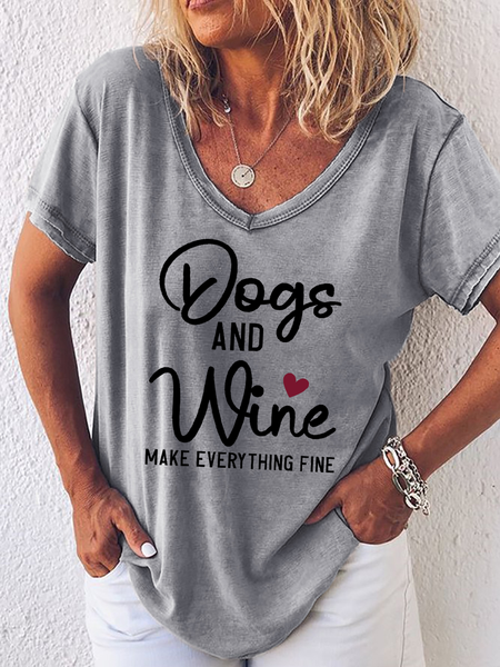 

Women's Funny Wine Lover Dogs And Wine V Neck Loose Simple T-Shirt, Gray, T-shirts