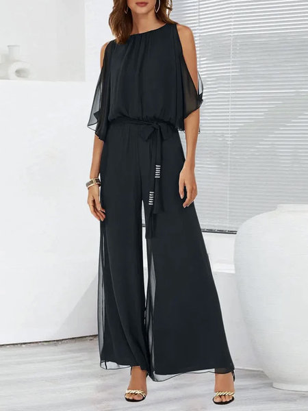 

Chiffon Urban Plain Crew Neck Jumpsuit, Black, Jumpsuits＆Rompers