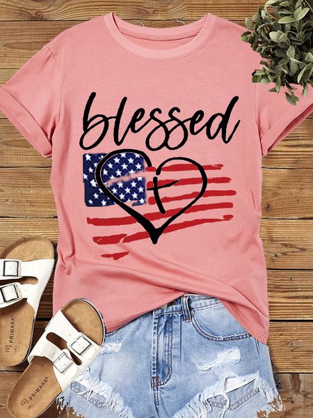 

Women‘s Cotton American Flag Cute July 4th Independence Day Patriotic Casual Letters T-Shirt, Pink, T-shirts