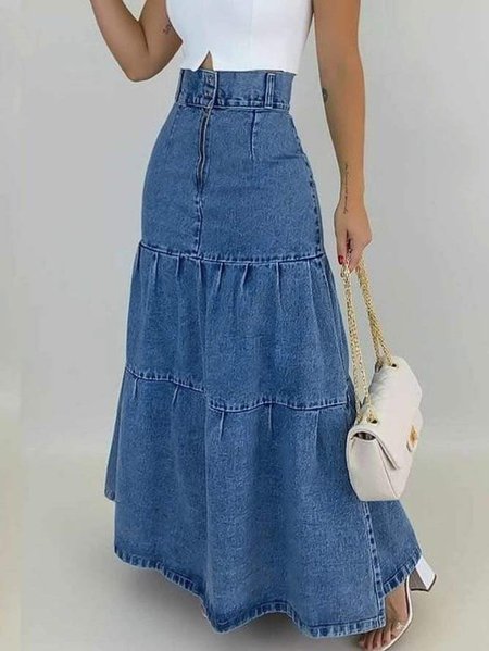 

Denim Urban Plain Denim Skirt, Blue, Denim Skirts