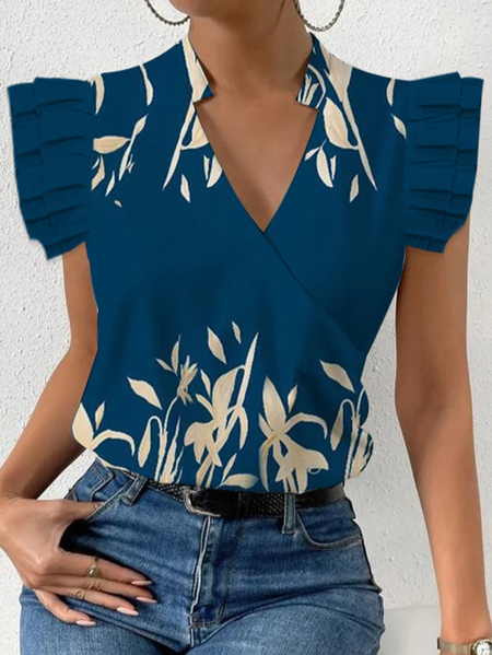 

V Neck Leaf Loose Casual Shirt, Blue, Shirts & Blouses