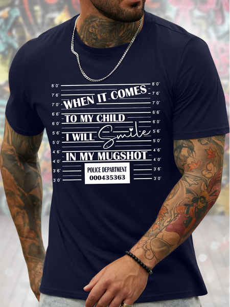

Men's When It Comes To My Child I Will Smile In My Mugshot Funny Graphic Printing Father's Day Gift Loose Cotton Crew Neck Casual T-Shirt, Purplish blue, T-shirts