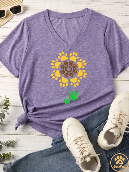 

Women's Paws Print Sunflower Matching V Neck T-Shirt, Purple, T-shirts