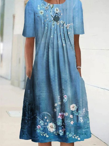 

Floral Crew Neck Casual Dress, Blue, Dresses