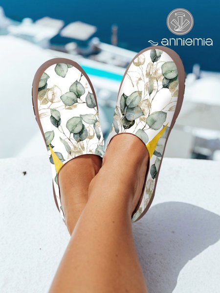 

Casual Green Leaf Printed Comfy Slip On Shoes, Flats