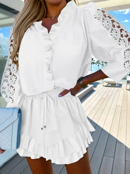 

Lace Sleeve Loose V Neck Plain Dress, White, Dresses