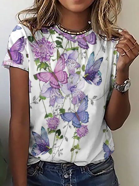 

Women's butterfly Casual Crew Neck T-Shirt, As picture, T-shirts