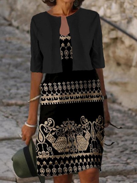 

Ethnic Casual V Neck Loose Two-Piece Set, Black, Dresses