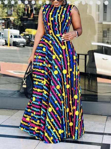 

Crew Neck Geometric Regular Fit Urban Dress, Multicolor, Maxi Dresses
