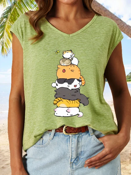 Women's Cute Cats Animal Lover Simple Tank Top, Green, Tank Tops