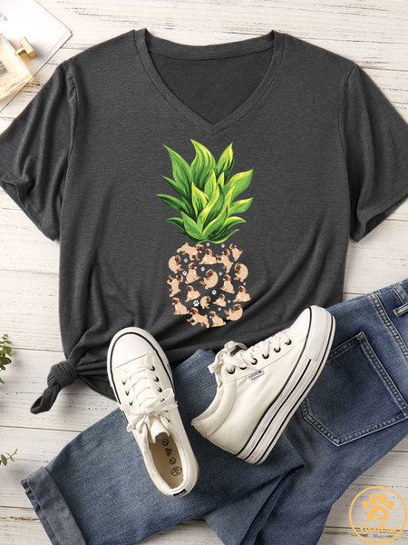 

Women's Tropical Pineapple Pug Dog Matching V Neck T-Shirt, Gray, T-shirts