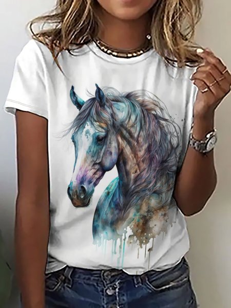 

Women's Crew Neck Casual Watercolor Horse T-Shirt, White, T-shirts