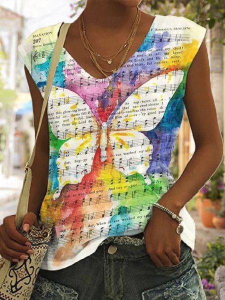 

Butterfly Casual V Neck T-Shirt, Yellow, T-Shirts