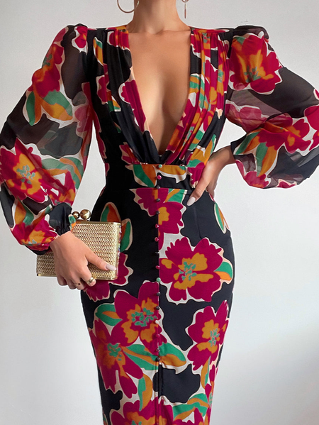 

Wedding Guest V Neck Elegant Dress, Flower, Maxi Dresses