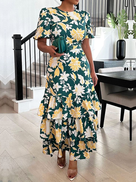 

Elegant Floral Regular Fit Crew Neck Short sleeve Maxi Dress With Belt, Green, Maxi Dresses