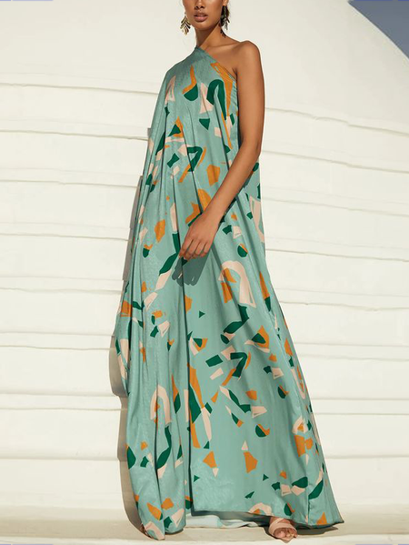 

Geometric One Shoulder Elegant Wedding Guest Dress, Green, Maxi Dresses