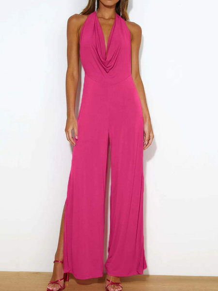 

High Elasticity Loose Plain Halter Sleeveless Elegant Jumpsuit, Red, Jumpsuits