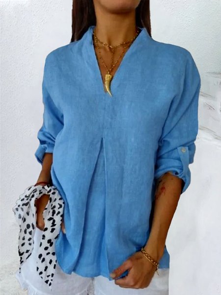 

Women Plain V Neck Loose Three Quarter Linen Cotton Blouse, Blue, Blouses & Shirts