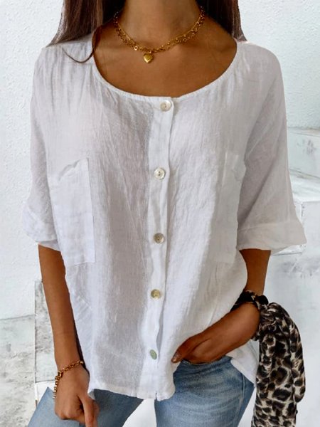 

Women Crew Neck Pockets Half Sleeve Loose Cotton Linen Blouse, White, Blouses & Shirts