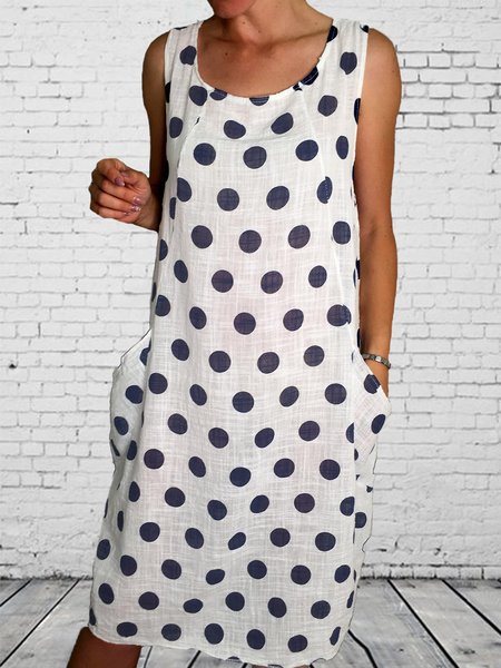 

Women's Round Neck Double Pocket Crew Neck Linen Dress With No, White, Dresses