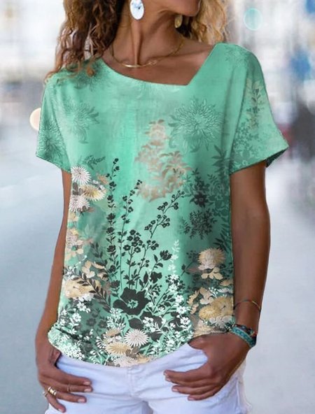 

Floral Asymmetrical Casual T-Shirt, Green, T-Shirts