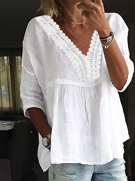 

Women Lace Floral V Neck Loose Crew Neck Tunci Top, White, Tunics