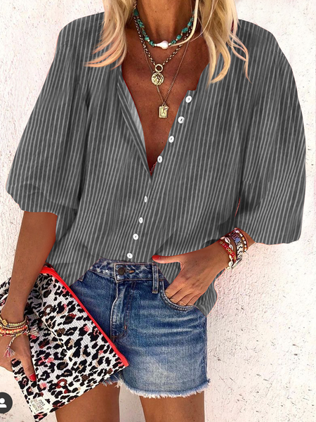 

Linen Crew Neck Striped Loose Blouse, Gray, Shirts & Blouses