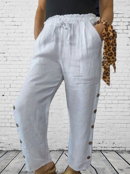 

Women Plain Casual Pockets Linen Pants, White, Pants