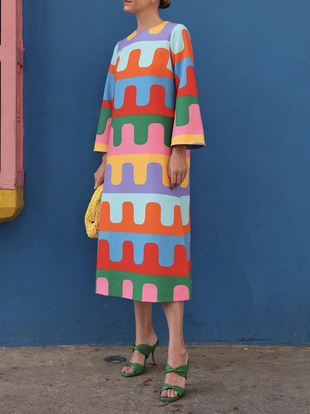 

Crew Neck Regular Fit Geometric Elegant Dress, As picture, Midi Dresses
