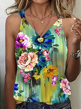 

Casual Loose V Neck Floral Tank Top, Green, Tanks & Camis