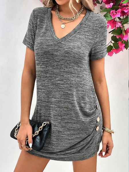 

Casual V Neck Buttoned Regular Fit T-Shirt, Gray, T-Shirts