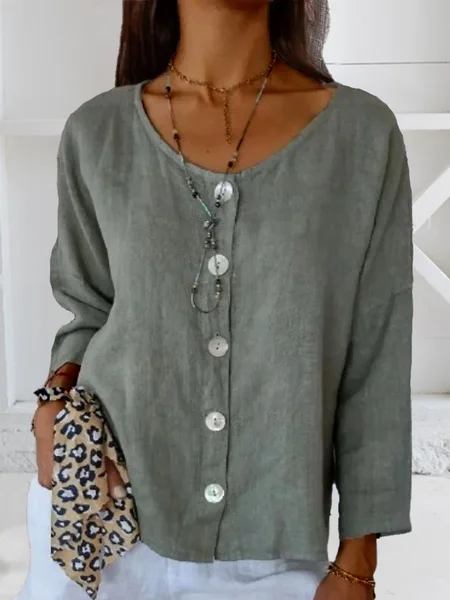 

Women Plain Loose Three Quarter Sleeve Crew Neck Blouse, Green, Blouses & Shirts