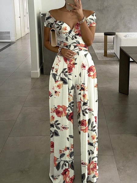 

Casual V Neck Loose Floral Jumpsuit, White, Jumpsuits＆Rompers