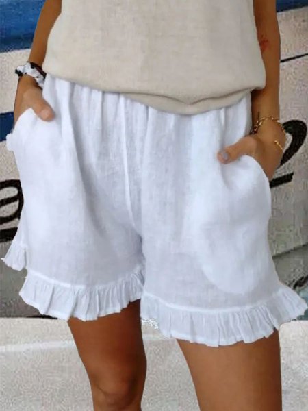 

Women Plain Casual High Waist Cotton Linen Loose Summer Shorts, White, Shorts