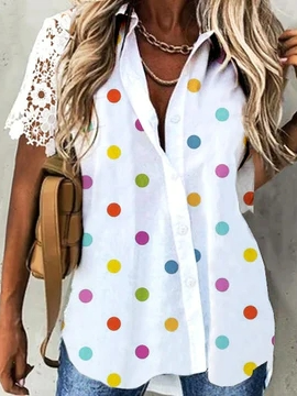 

Polka Dots Loose Casual Shirt Collar Blouse, White, Shirts & Blouses