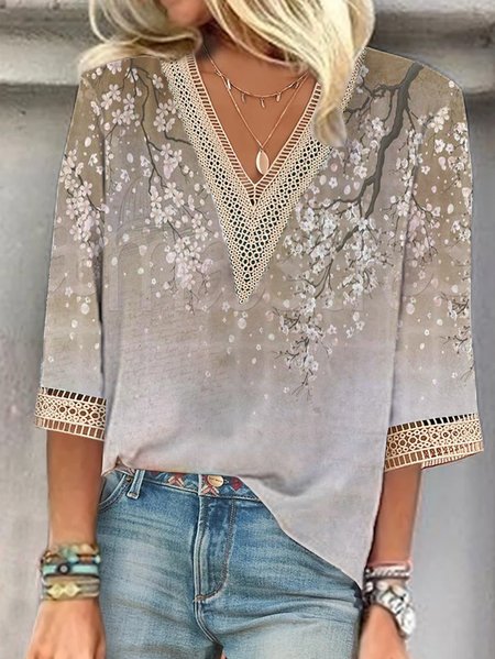 

Floral Loose V Neck Lace Casual Shirt, Khaki, Shirts & Blouses
