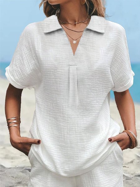 

Women Plain Summer V Neck Loose Short Sleeve Blouse, White, Blouses & Shirts