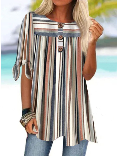 

Crew Neck Casual Geometric Loose Blouse, Khaki gray, Shirts & Blouses