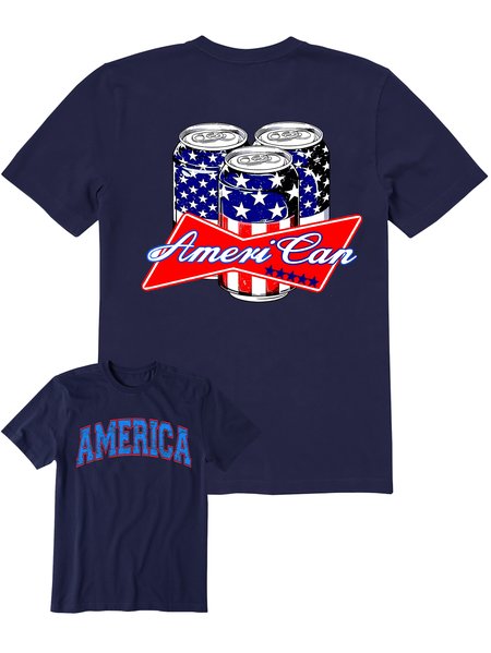 

Men' American Funny beer Independence Day America Flag Graphic Printing Casual Cotton Crew Neck T-Shirt Front And Back Printed Tee, Purplish blue, T-shirts