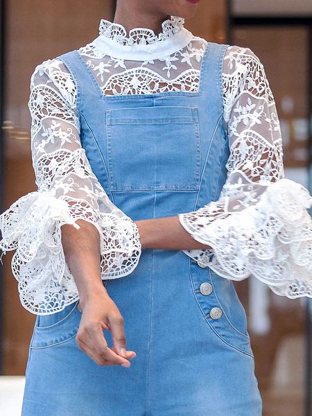 

Loose Lotus Leaf Collar Short sleeve Urban Lotus Leaf Collar Plain Shirt, White, Blouses and Shirts