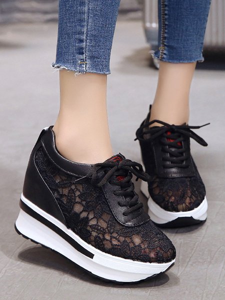 

Flower Lace Stitching Inner Heightening Sneakers, Black, Sneakers